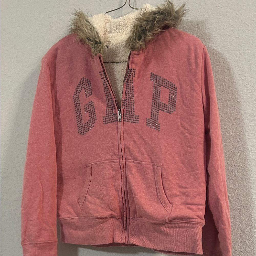 GAP Kids Pink Zip-Up Jacket with Faux Fur Hood